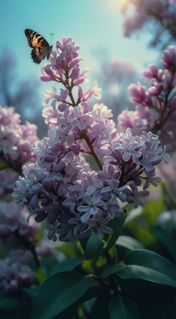 some pretty flowers with a butterfly sitting on one end and the other in the background